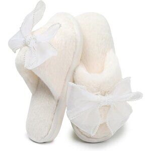 Women's Cute Bow Open Toe Fuzzy House Memory Foam Off White Slippers Shoes